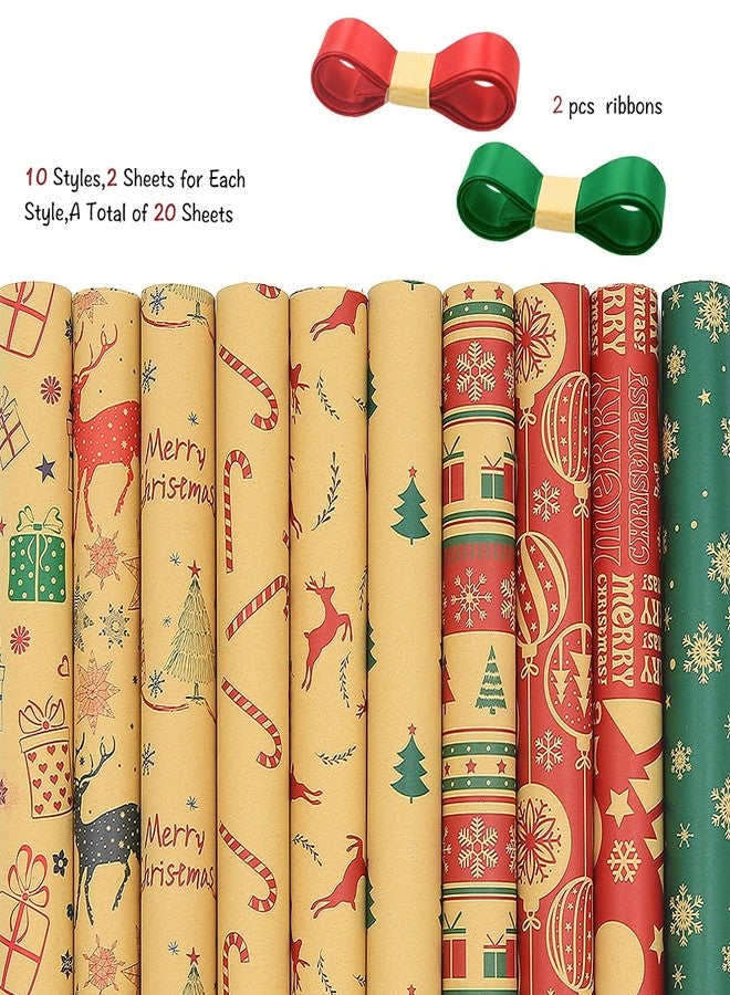 Unigift Christmas Kraft Wrapping Paper，20 Sheets Xmas Folded Wrapping Paper 20x28 inch Recyclable Christmas Gift Wrapping Paper With Ribbons Greeting Card for Christmas Party Present Flower Packaging DIY Craft - Image 3